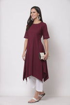 Myshka Women's Pure Cotton 3/4 Sleeve Round Neck Casual Maroon Dress | Grab2Buy