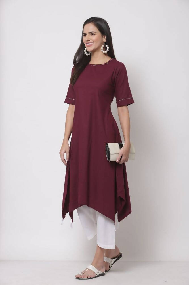 Myshka Women's Pure Cotton 3/4 Sleeve Round Neck Casual Maroon Dress | Grab2Buy