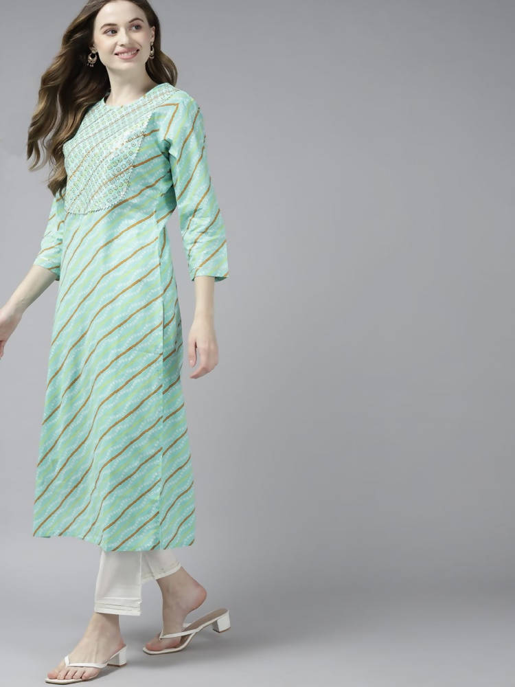 Yufta Women Green Bandhani Yoke Design Pure Cotton Kurta with Palazzo and Dupatta | Grab2Buy