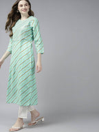 Yufta Women Green Bandhani Yoke Design Pure Cotton Kurta with Palazzo and Dupatta | Grab2Buy