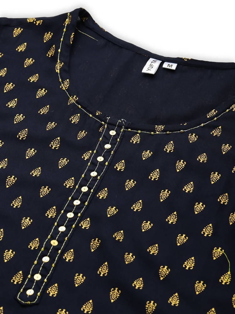 Yufta Women Navy Blue Golden Print Kurta | Grab2Buy