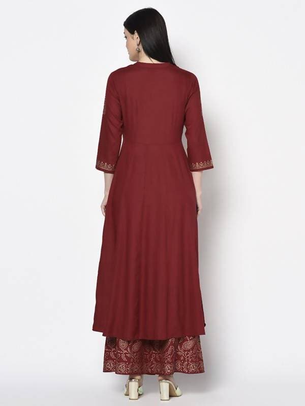 Aniyah Rayon Maroon Block Print Anarkali Palazzo Set (AN-212K) | Grab2Buy