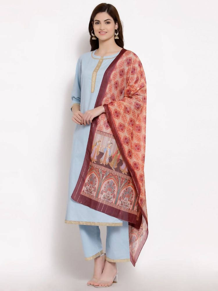 Myshka Women's Blue Cotton 3/4 Sleeve Round Neck Solid Casual Kurta Pant Dupatta Set | Grab2Buy