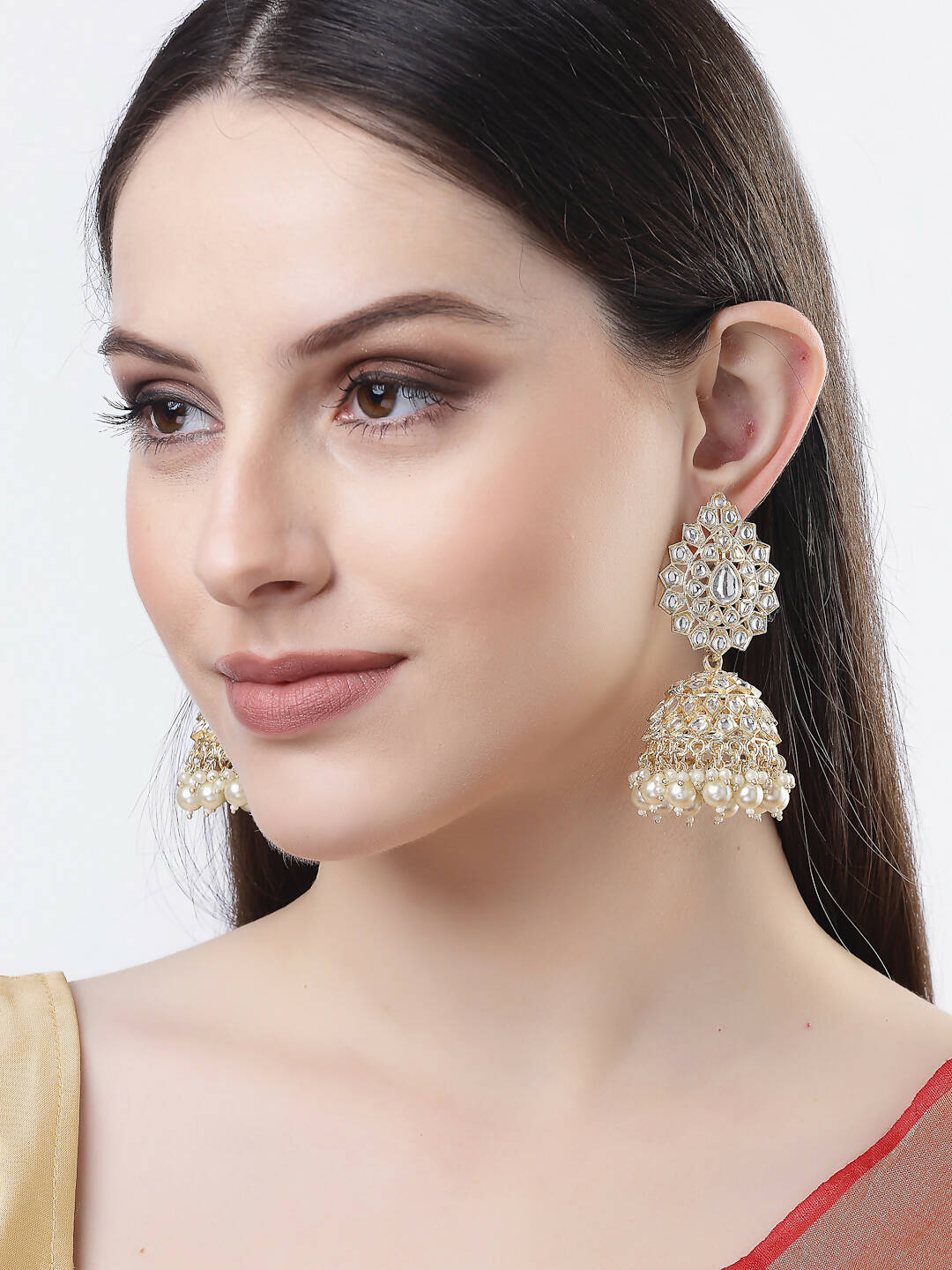 NVR Women Gold-Polished Handcrafted Kundan Jhumka Earrings | Grab2Buy