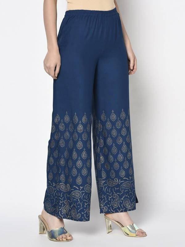 Aniyah Rayon Blue Color Gold Print Flared Slip-On Palazzo (AN-209K) | Grab2Buy