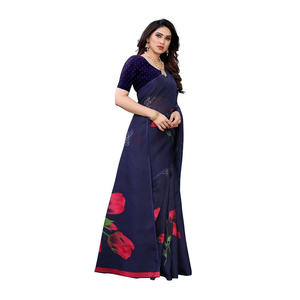 Vamika Printed Jute Silk Blue Saree (Elisa Navy) | Grab2Buy
