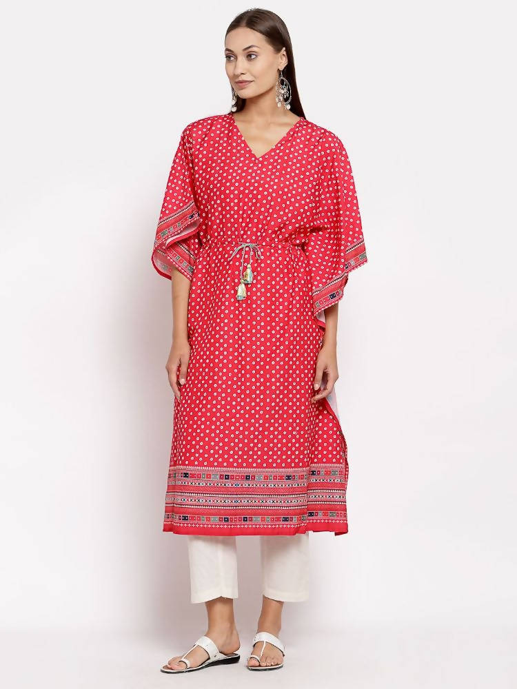Myshka Women's Red Cotton Printed 3/4 Sleeve V Neck Casual Kaftan | Grab2Buy