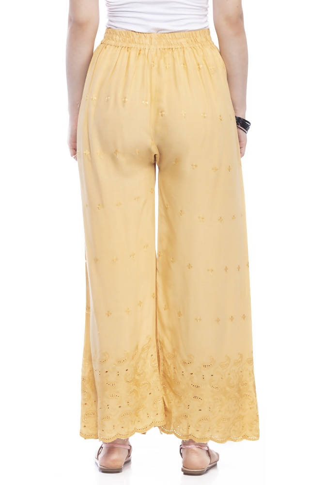 Mominos Fashion Reyon Cotton Dark Golden Embroidery Chikan Palazzo | Grab2Buy