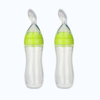 Safe-O-Kid Easy Set of 2 Squeezy Silicone Food Feeder Spoon (Soft Tip) Bottle- Green- 90mL