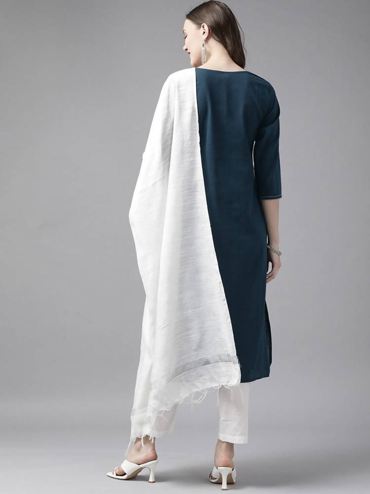 Yufta Women Blue And White Embroidered Kurta with Trouser & With Dupatta | Grab2Buy