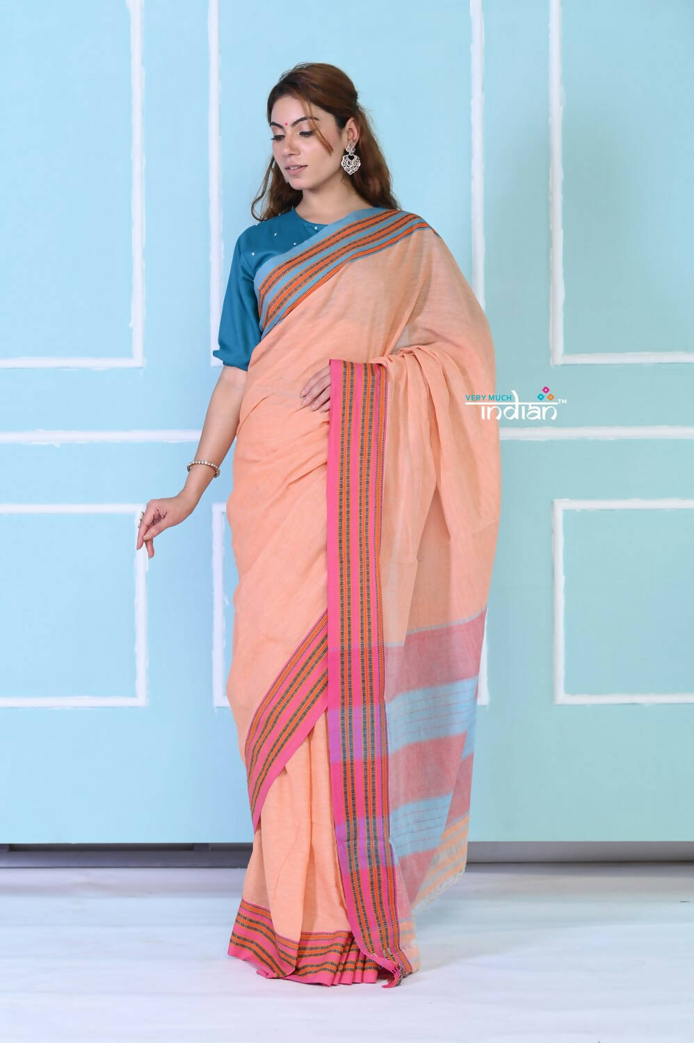 Very Much Indian Traditional Patteda Anchu Ilkal Handloom Saree - Peach Tone | Grab2Buy