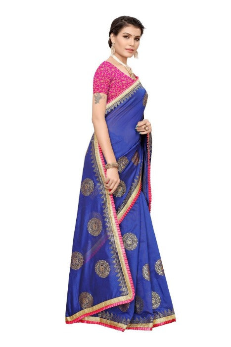 Vamika Chanderi Cotton Foil Print Blue Saree (GOLDEN BIRD BLUE) | Grab2Buy