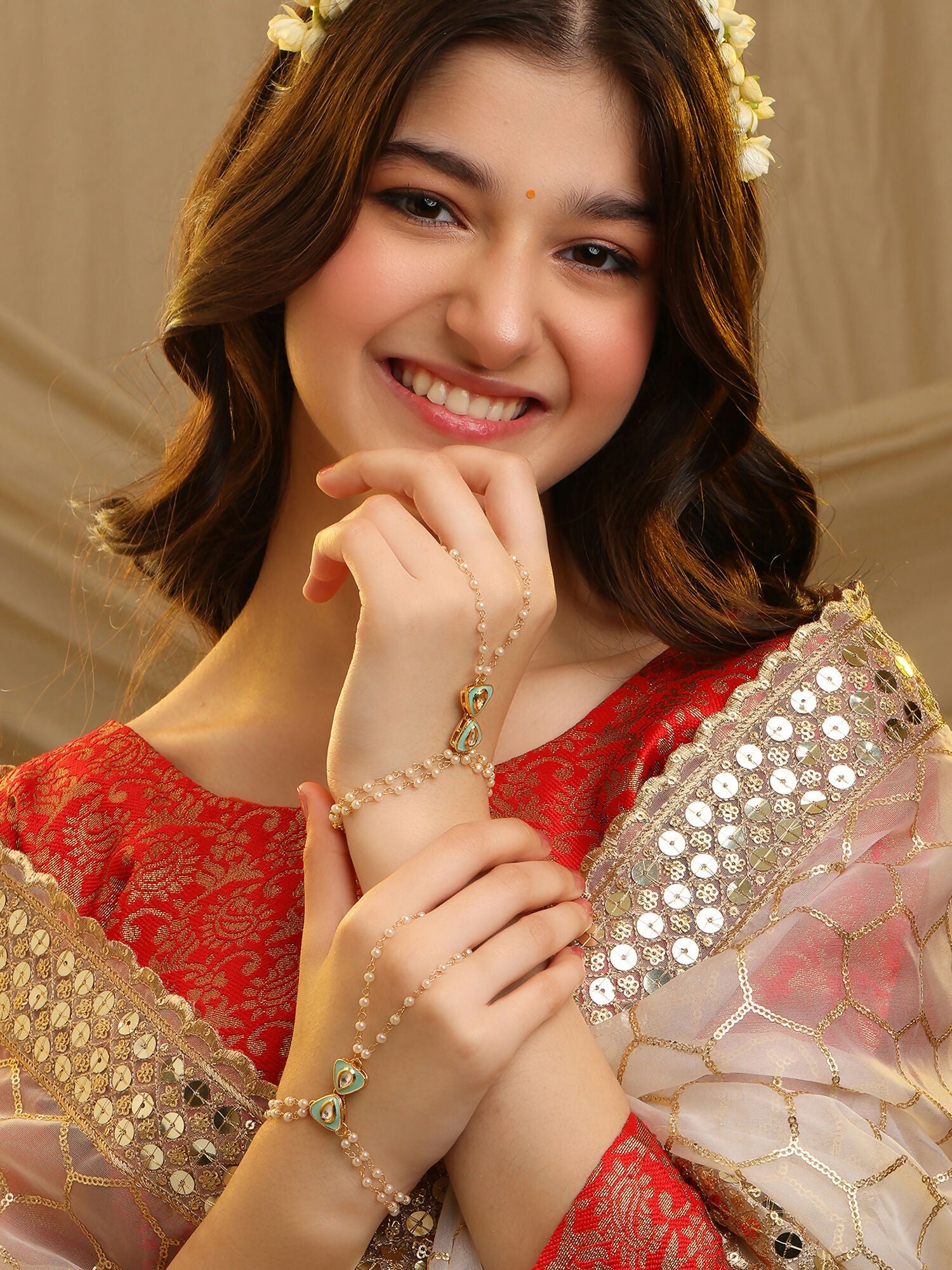 Ruby Raang Saanjh Pearl Hand Jewelry | Grab2Buy