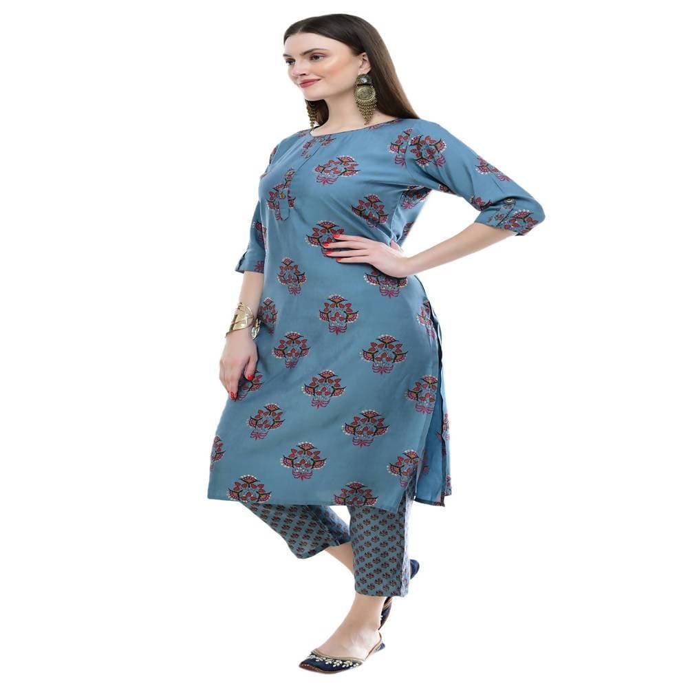 Lagi Women's Turquoise Blue Printed Straight Kurta & Pant (MC39A) | Grab2Buy