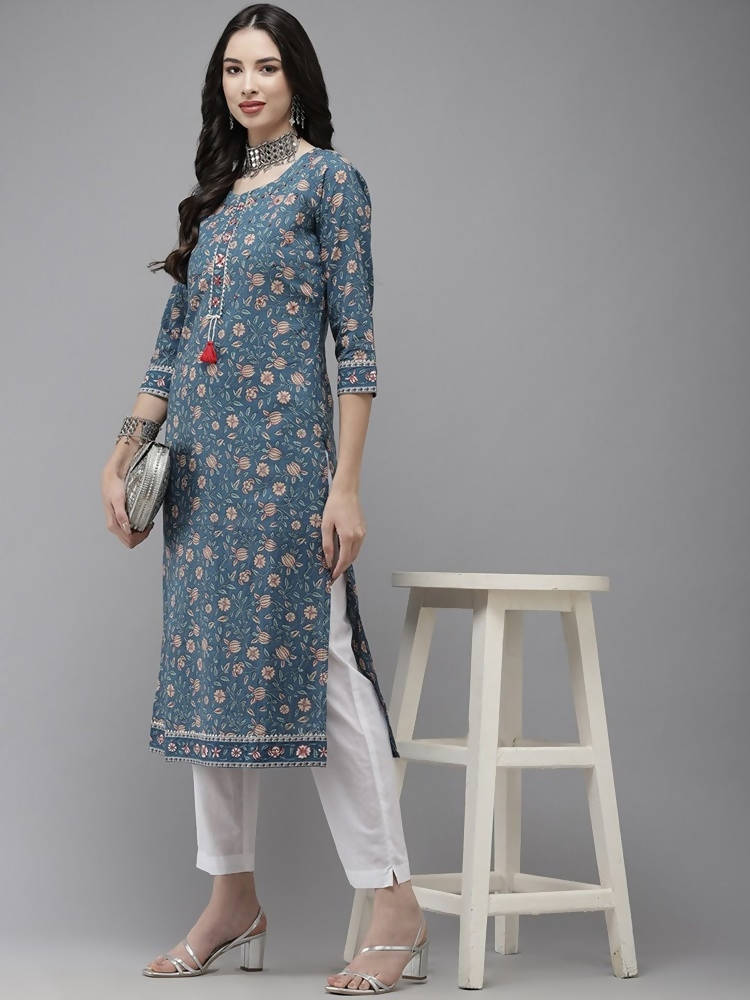 Yufta Women Blue And White Kurta with Trouser Set | Grab2Buy