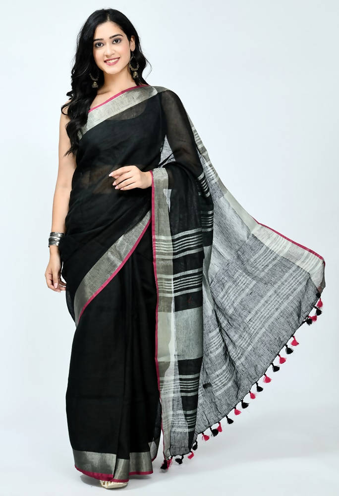 Mominos Fashion Moeza Pure Linen Black Saree | Grab2Buy