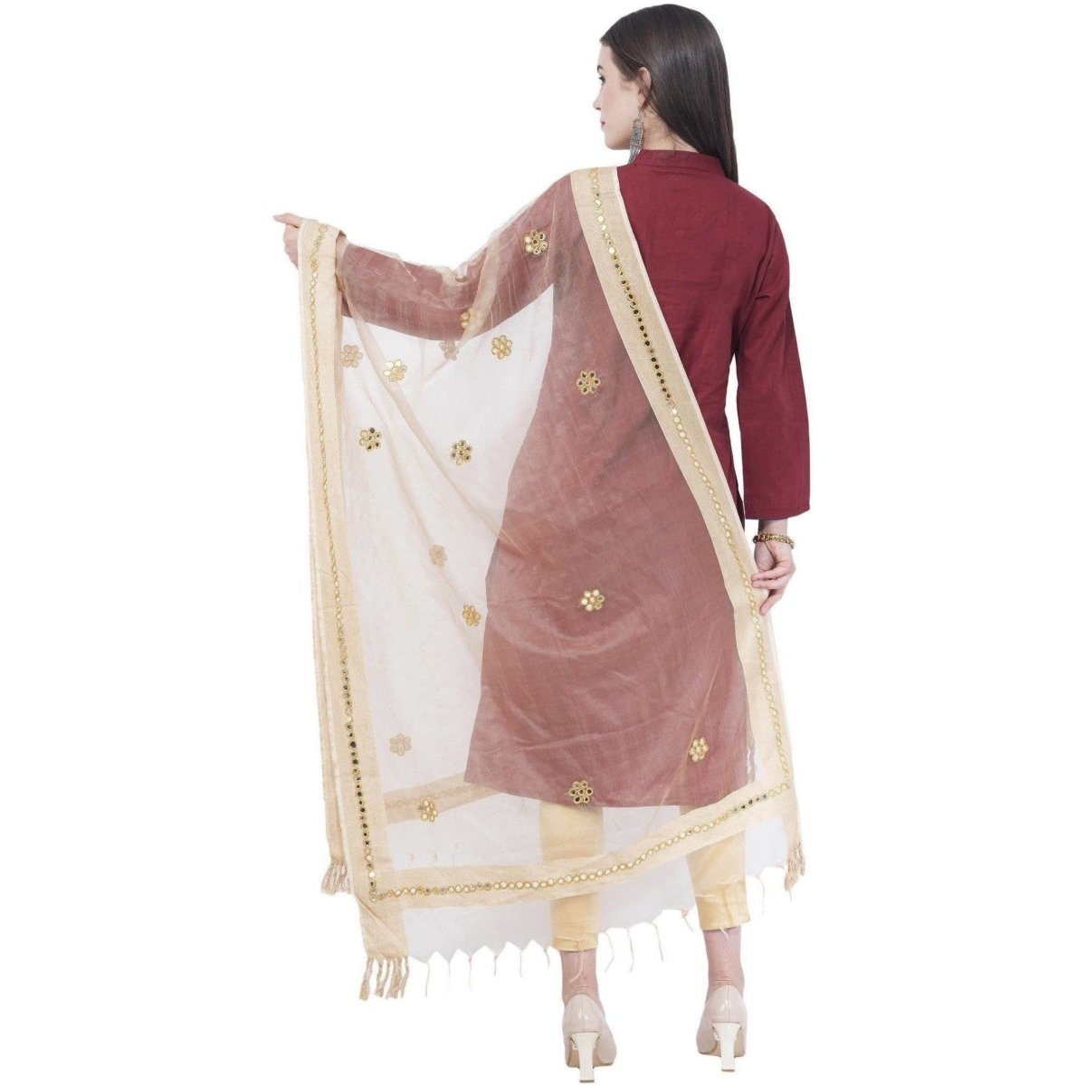 A R Silk Light Golden Color Flower Mirror Orgenza Cotton Dupattas and Chunnis | Grab2Buy