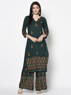 Aniyah Rayon Bottle Green Block Print Straight Kurta (AN-218K) | Grab2Buy