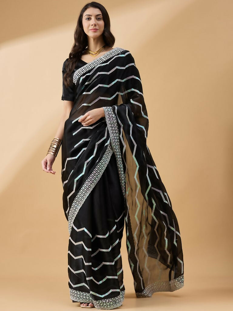 Black Tissue Slub Embroidered Saree with Unstitched Blouse - Vairagi | Grab2Buy