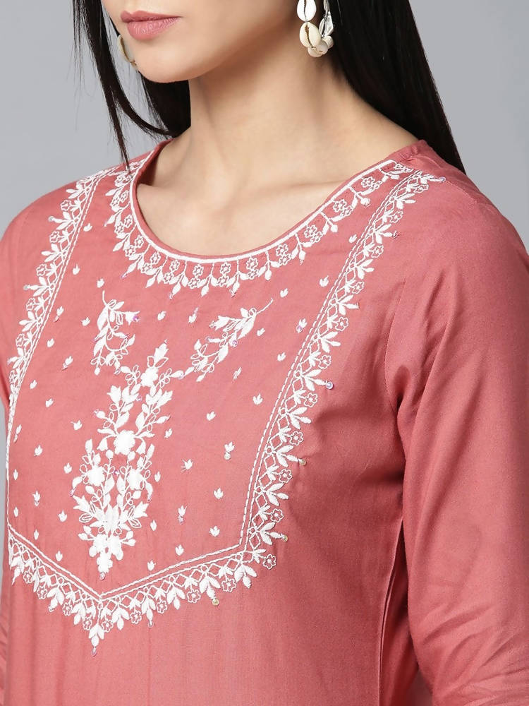 Yufta Women Pink & White Yoke Design Kurta with Palazzo & Dupatta | Grab2Buy