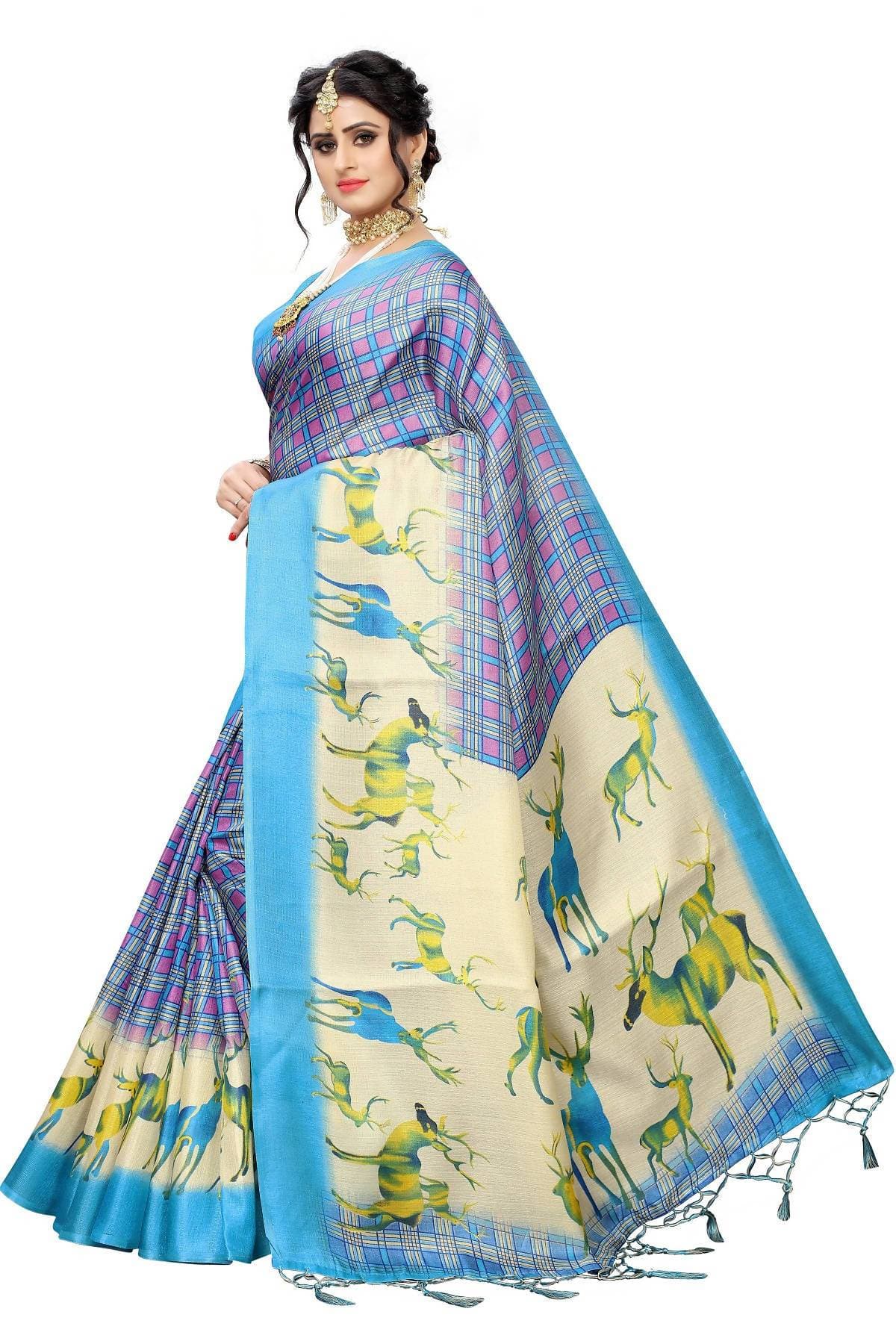 Vamika Multicolor & Sky Blue Kalamkari With Jhalar Khadi Silk Saree | Grab2Buy