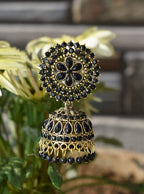 Gold-Polished Alloy Black Rhinestones Studded Jhumki Earrings - The Pari | Grab2Buy