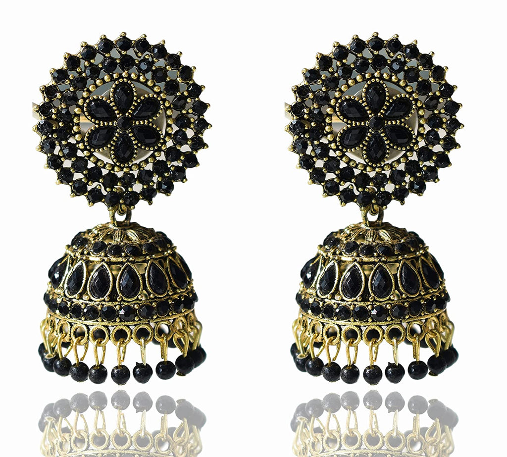 Gold-Polished Alloy Black Rhinestones Studded Jhumki Earrings - The Pari | Grab2Buy
