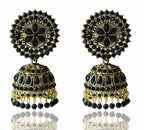 Gold-Polished Alloy Black Rhinestones Studded Jhumki Earrings - The Pari | Grab2Buy