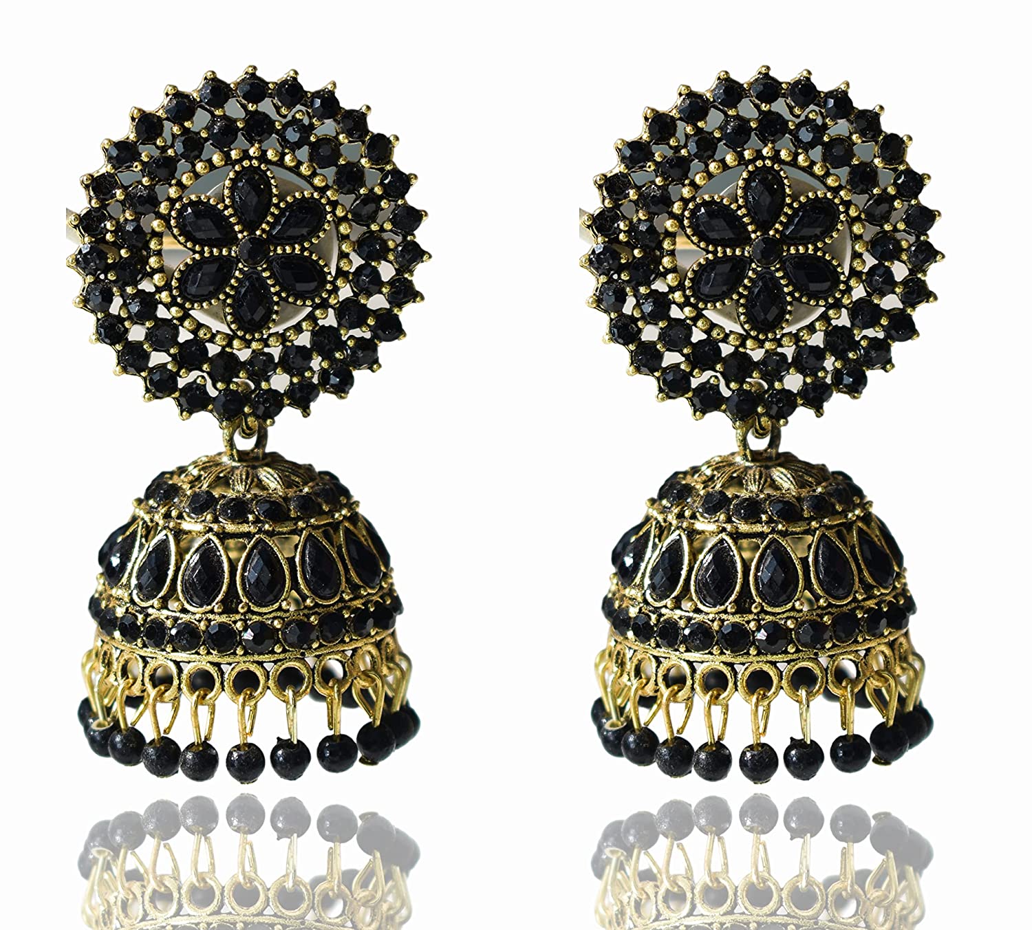 Gold-Polished Alloy Black Rhinestones Studded Jhumki Earrings - The Pari | Grab2Buy