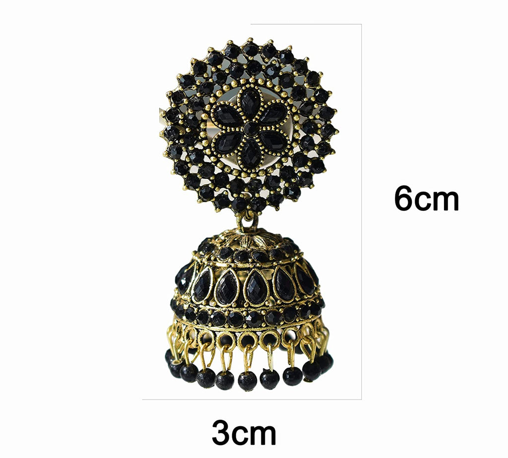 Gold-Polished Alloy Black Rhinestones Studded Jhumki Earrings - The Pari | Grab2Buy