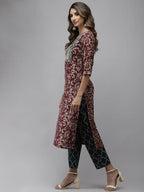 Yufta Women Mauve & Green Ethnic Motifs Printed Sequined Cotton Kurta Set & Dupatta | Grab2Buy