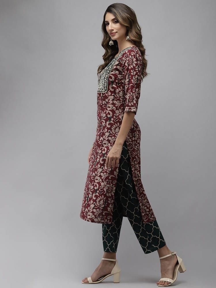 Yufta Women Mauve & Green Ethnic Motifs Printed Sequined Cotton Kurta Set & Dupatta | Grab2Buy