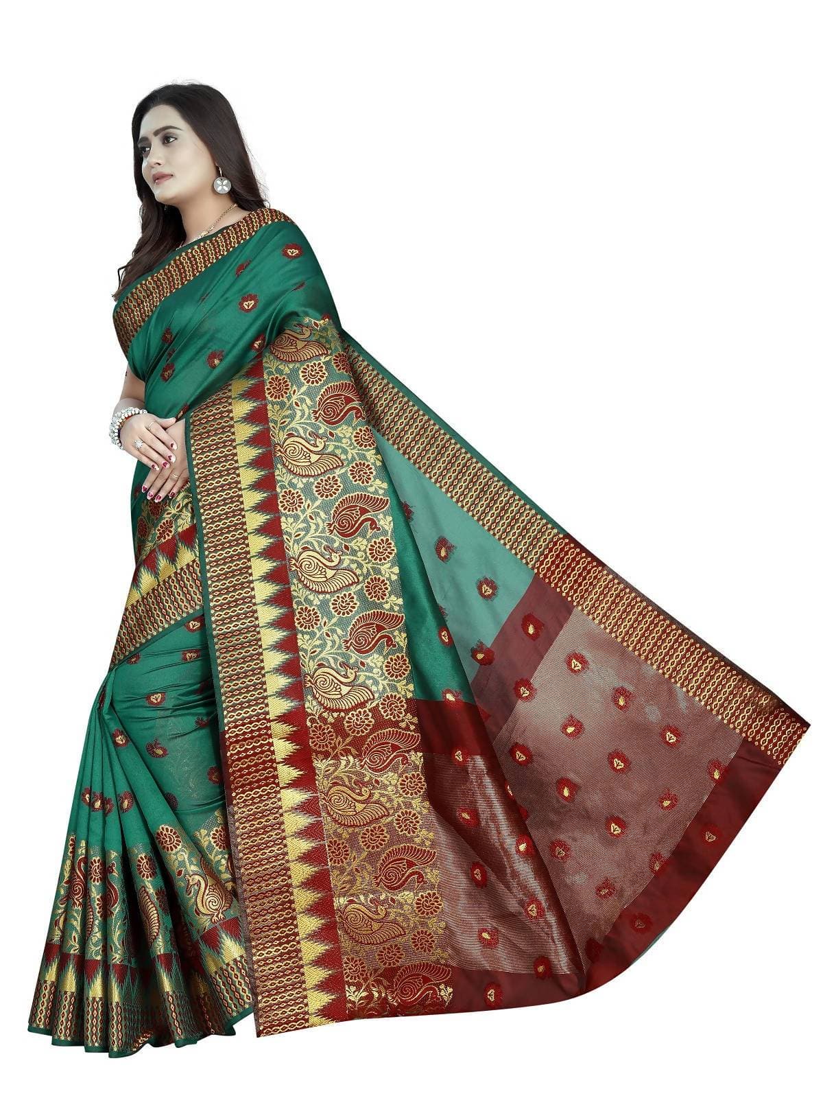Vamika Banarasi Jaquard Rama Green & Red Weaving Saree | Grab2Buy