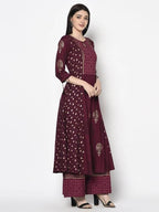 Aniyah Rayon Wine Color Block Print Anarkali Palazzo Set (AN-171K) | Grab2Buy