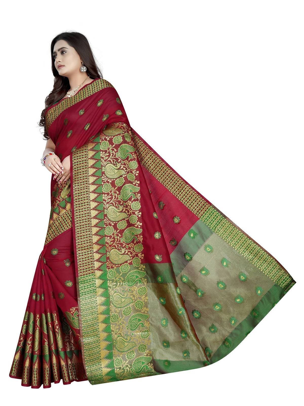 Vamika Banarasi Jaquard Red Weaving Saree With Green Blouse | Grab2Buy