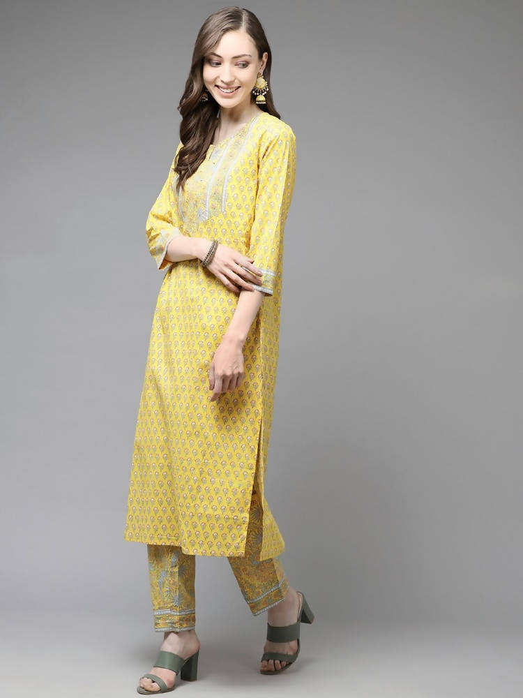 Yufta Yellow and Blue printed kurta with Trouser and Dupatta | Grab2Buy