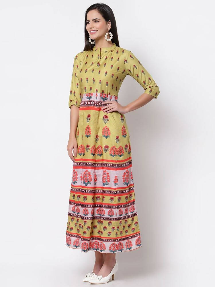 Myshka Women's Multi Cotton Printed 3/4 Sleeve Mandarin Neck Casual Dress | Grab2Buy