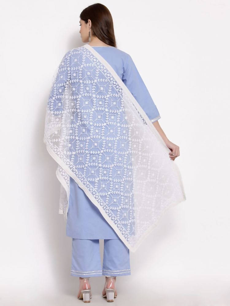 Myshka Beautiful Women's Blue Cotton 3/4 Sleeve Round Neck Solid Casual Kurta Pant Dupatta Set | Grab2Buy