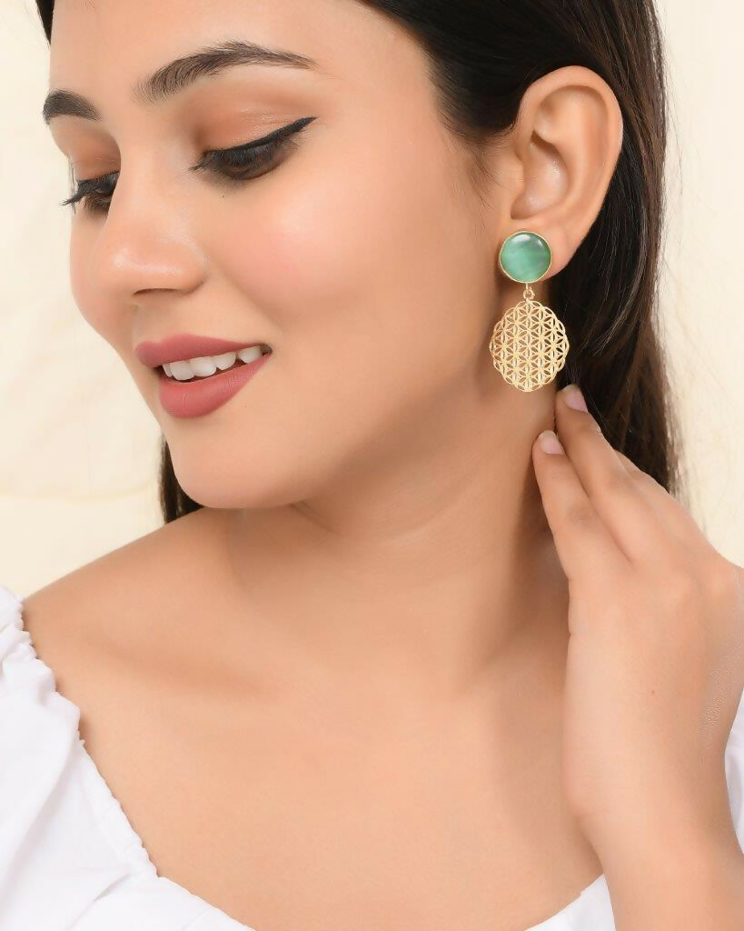 VOJ One Gram Gold-Polished Teal Colored Stone Studded Earrings | Grab2Buy