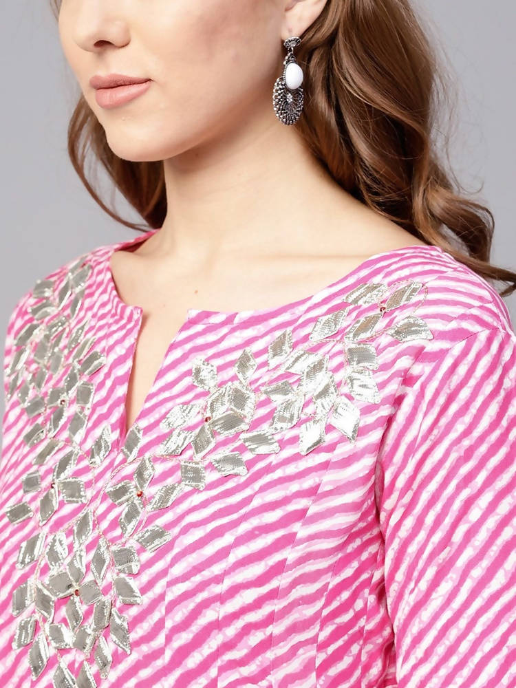 Yufta Women Pink & White Lehariya Print Anarkali Kurta | Grab2Buy