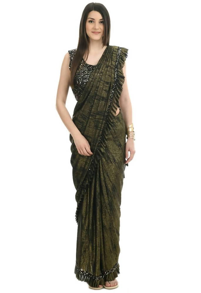Mominos Fashion All Season Wear Olive Green And Black Ruffled Ready To Wear Saree | Grab2Buy