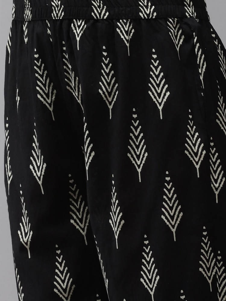 Yufta Women Black & Off-White Ethnic Motifs Printed Thread Work Cotton Kurta Set & Dupatta | Grab2Buy