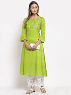 Myshka Women's Green Cotton Printed Full Sleeve Round Neck Casual Dress | Grab2Buy