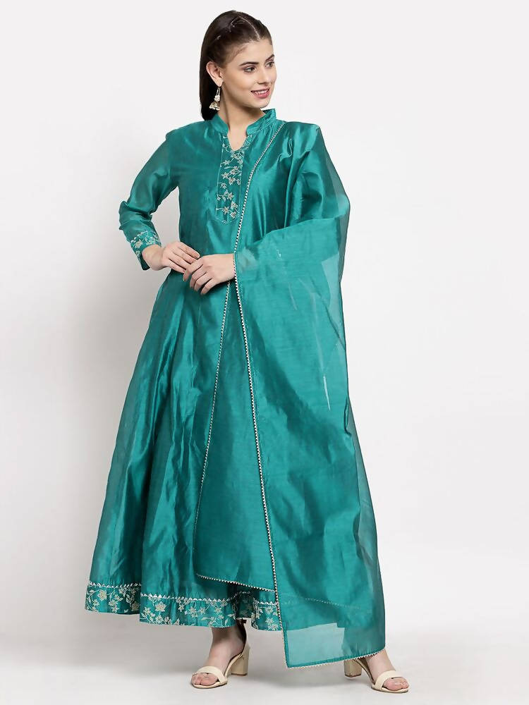 Myshka Women's Green Silk Solid Full Sleeve Mandarin Neck Casual Anarkali Gown | Grab2Buy