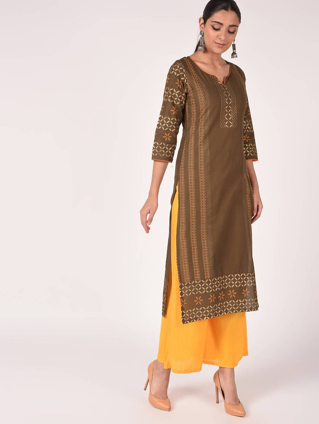 Cheera Hand Block Print Earth Brown Straight Kurta (MAAI-060K) | Grab2Buy