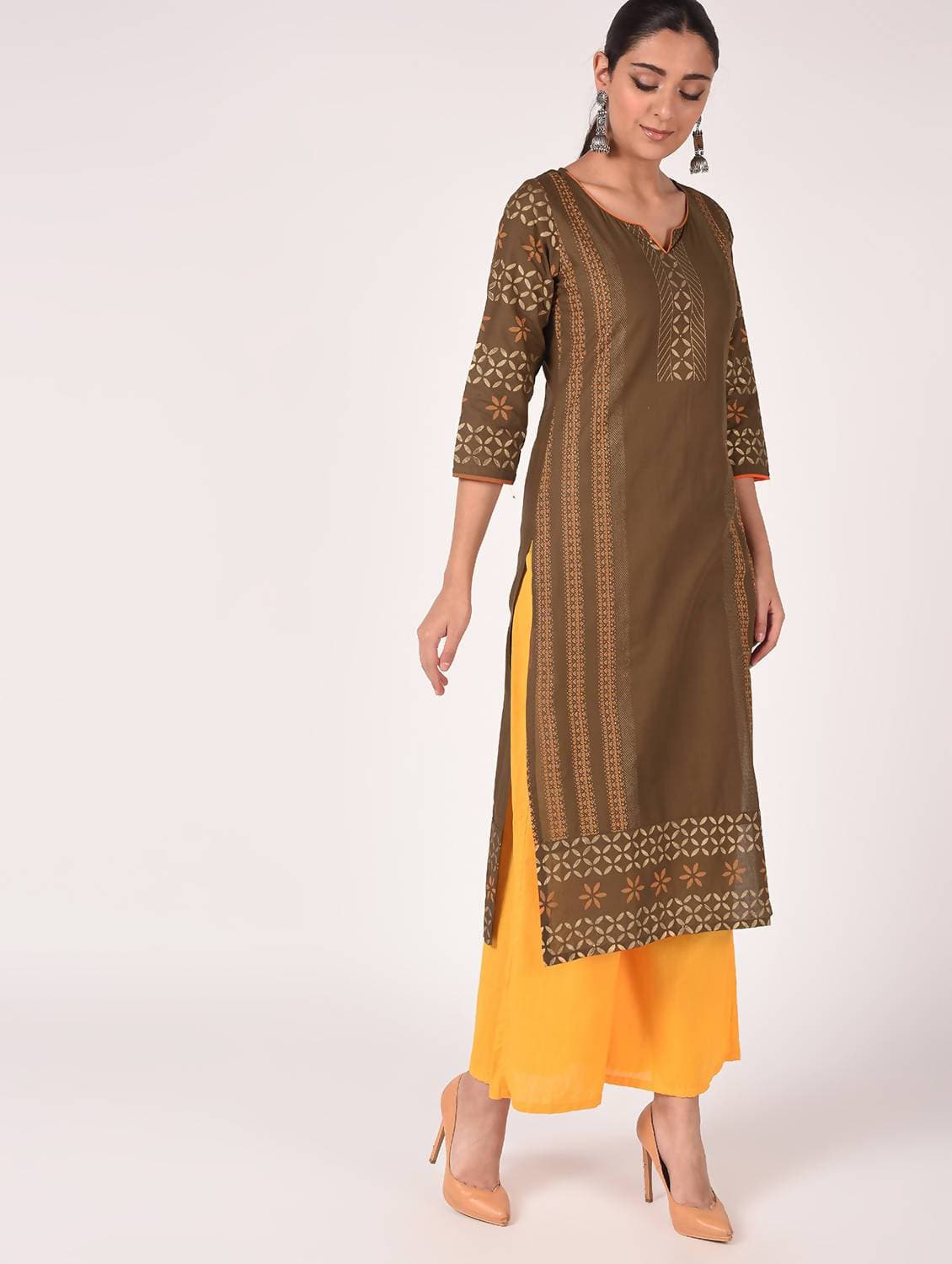 Cheera Hand Block Print Earth Brown Straight Kurta (MAAI-060K) | Grab2Buy