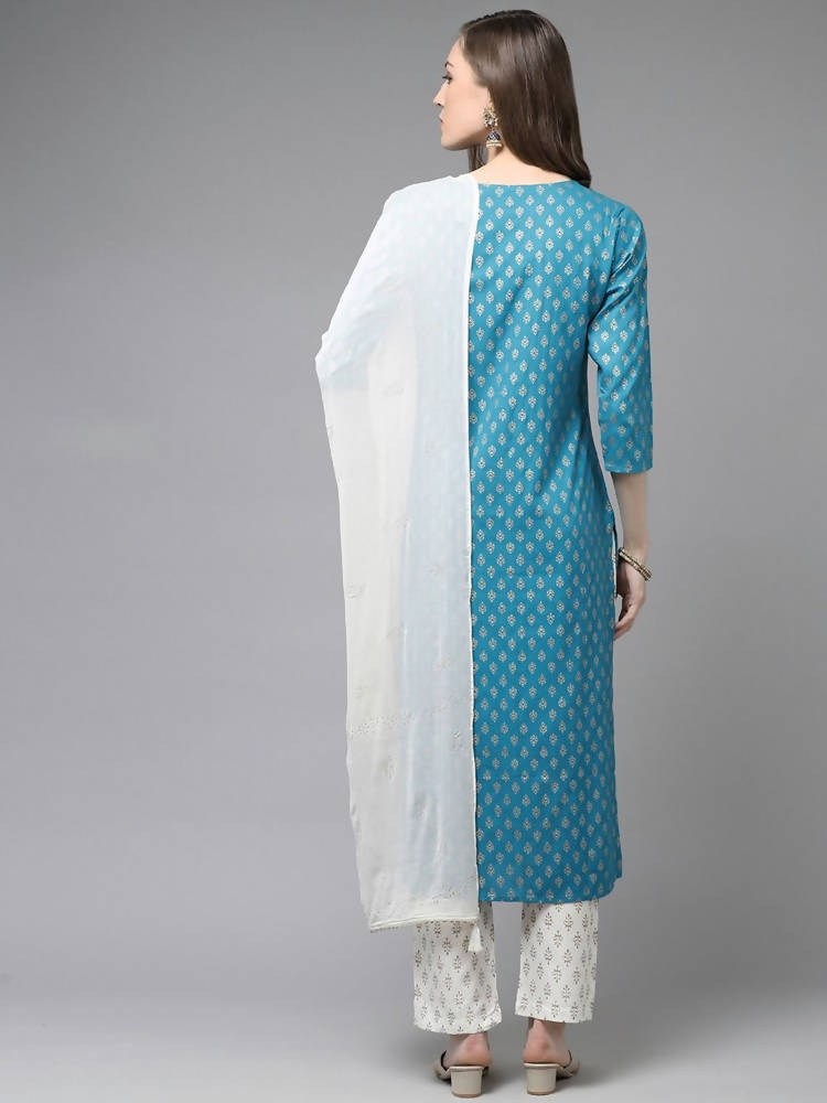 Yufta Women Teal Blue & Off-White Printed Kurta with Trouser & Dupatta | Grab2Buy