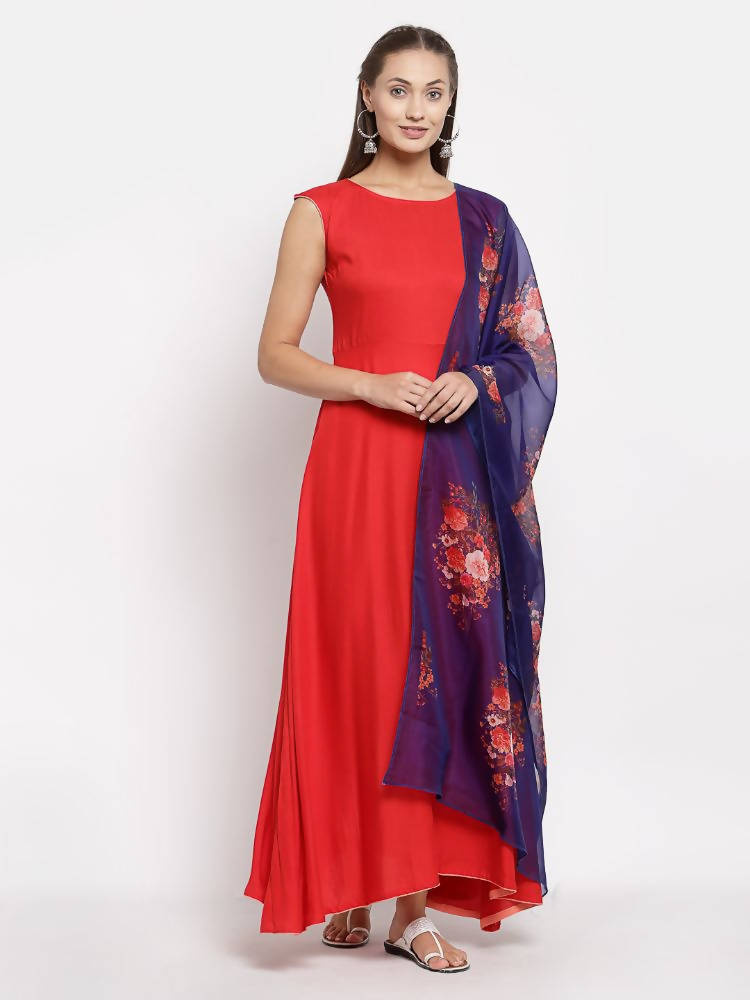 Myshka Women's Red Cotton Solid Sleeveless Round Neck Casual Kurta Dupatta Set | Grab2Buy