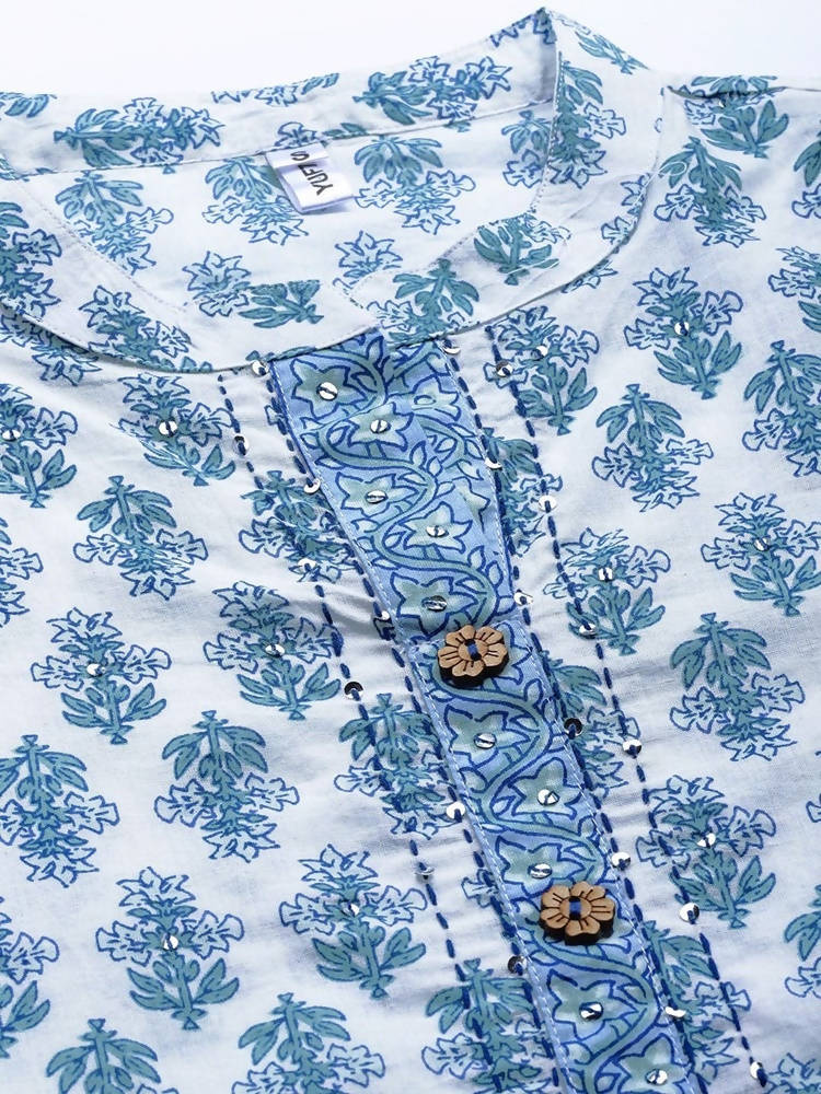 Yufta Women White & Blue Ethnic Hand Block Print Pure Cotton Kurta with Trouser & Dupatta | Grab2Buy