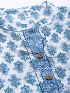 Yufta Women White & Blue Ethnic Hand Block Print Pure Cotton Kurta with Trouser & Dupatta | Grab2Buy